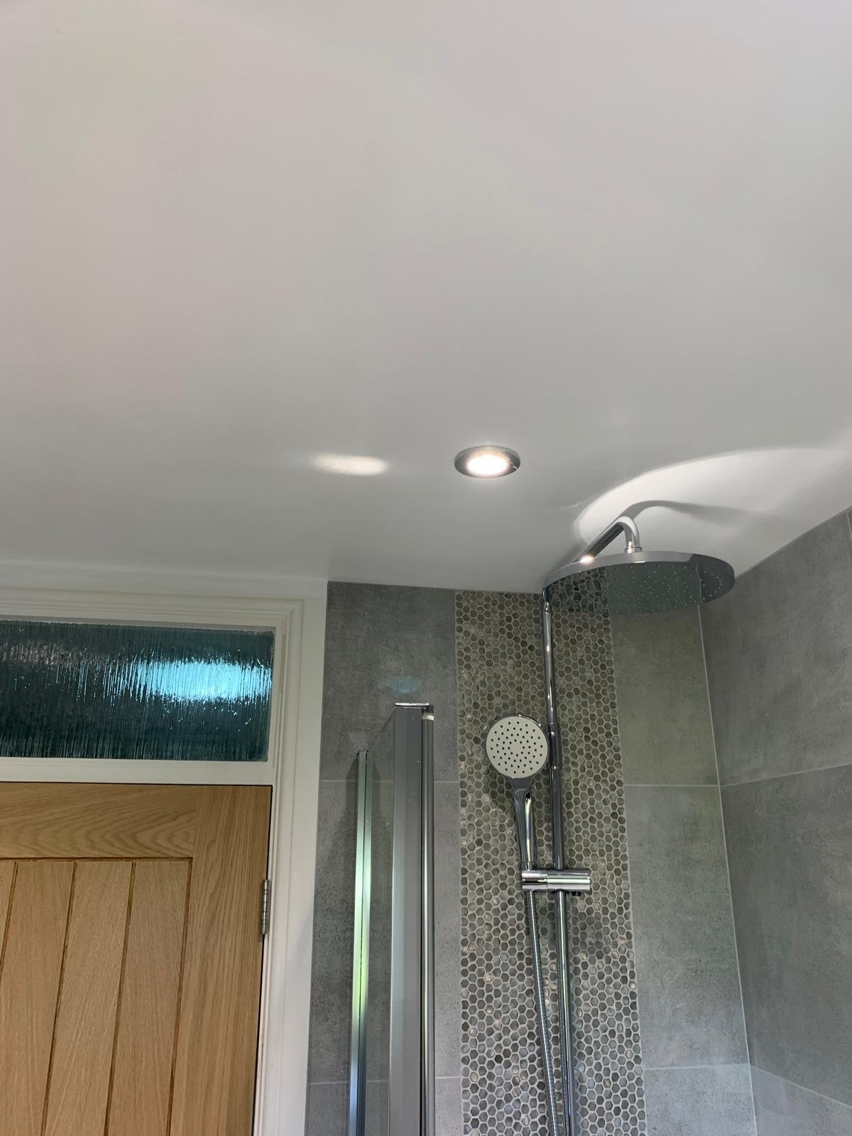 Rainfall shower head and handset on a mosaic tiled feature wall